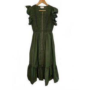 NEW ENTRO women's front zippered flutter midi dress in olive